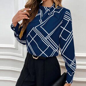 2/$40 Navy Blue Geometric Print Blouse Long Sleeve Office Top Workwear Shirt M
